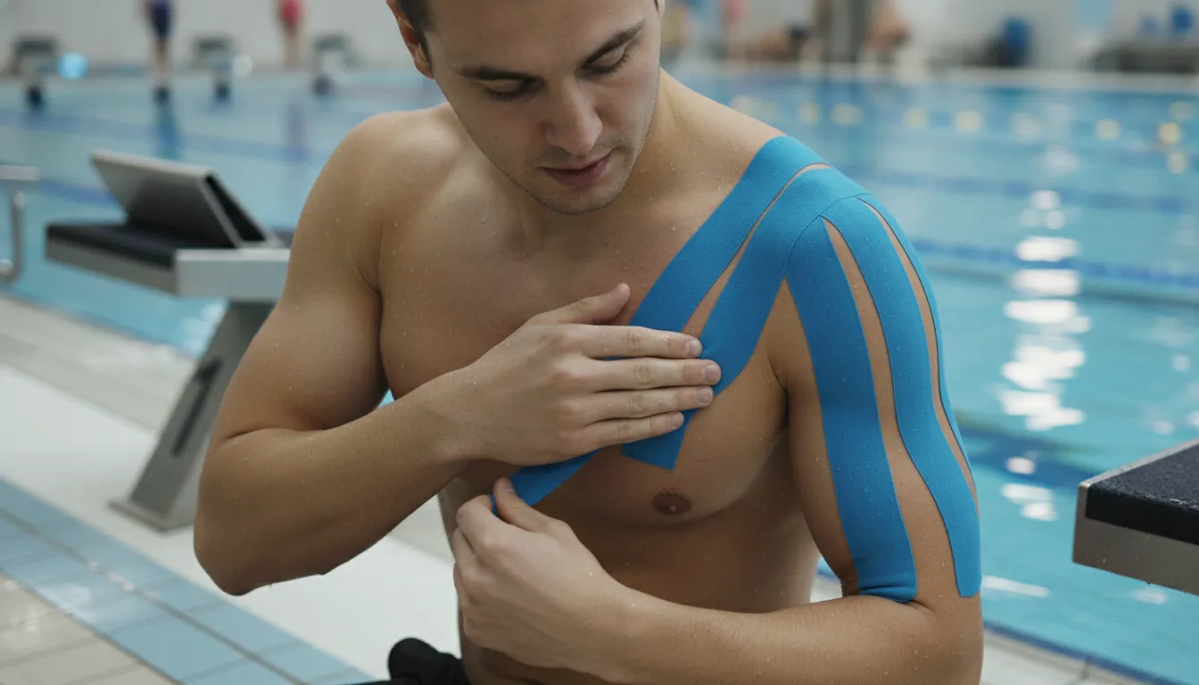 Swimmer applying blue kinesiology tape to the upper shoulder and rotator cuff before pool training
