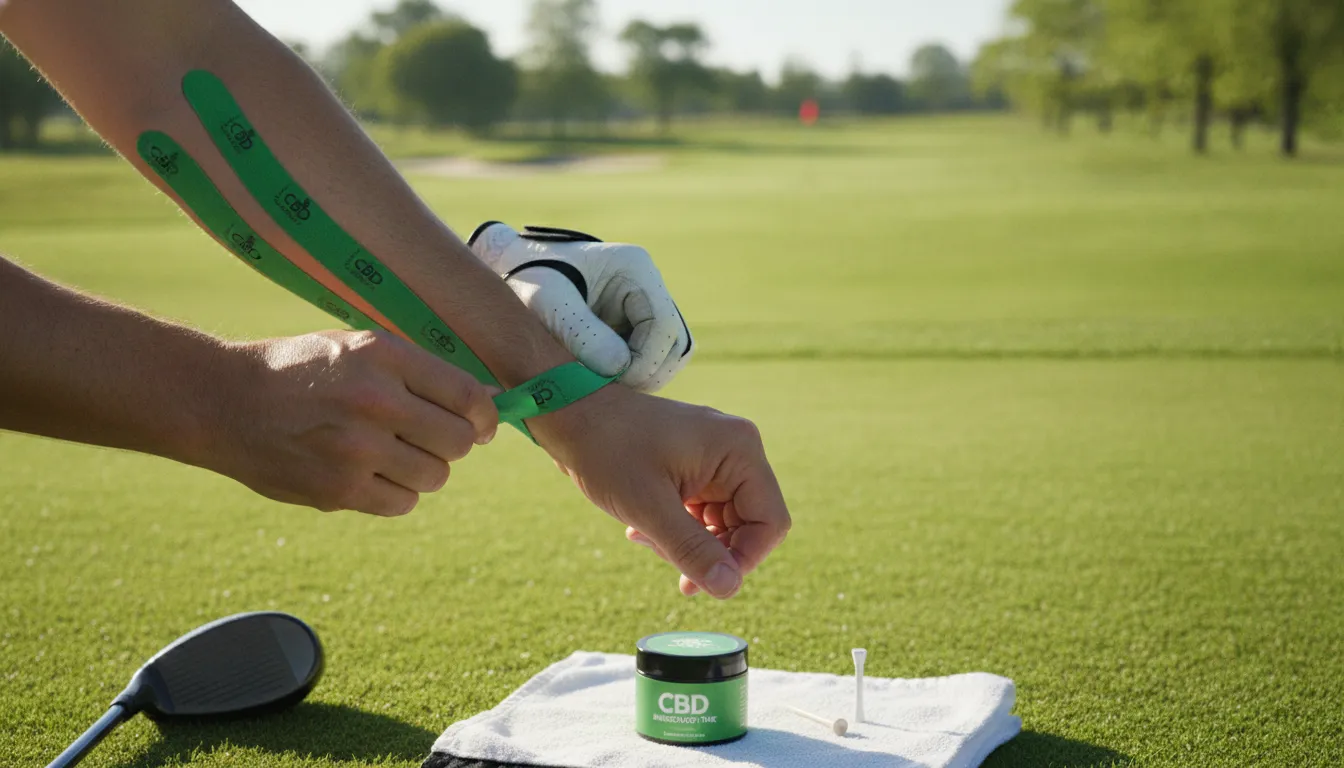 Golfer applying CBD kinesiology tape to wrist and forearm before a round on the course