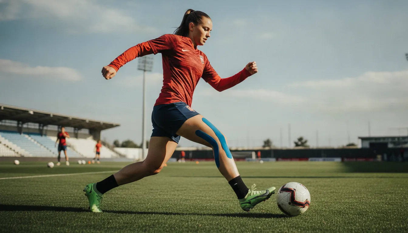 Soccer player wearing kinesiology tape during match-day preparation