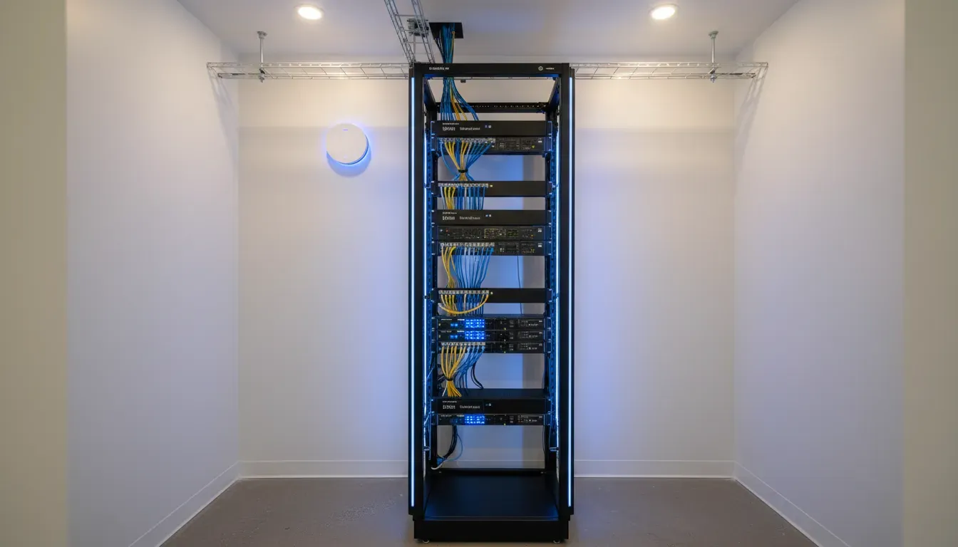 De novo dental office server room with organized network infrastructure and structured cabling during new construction setup