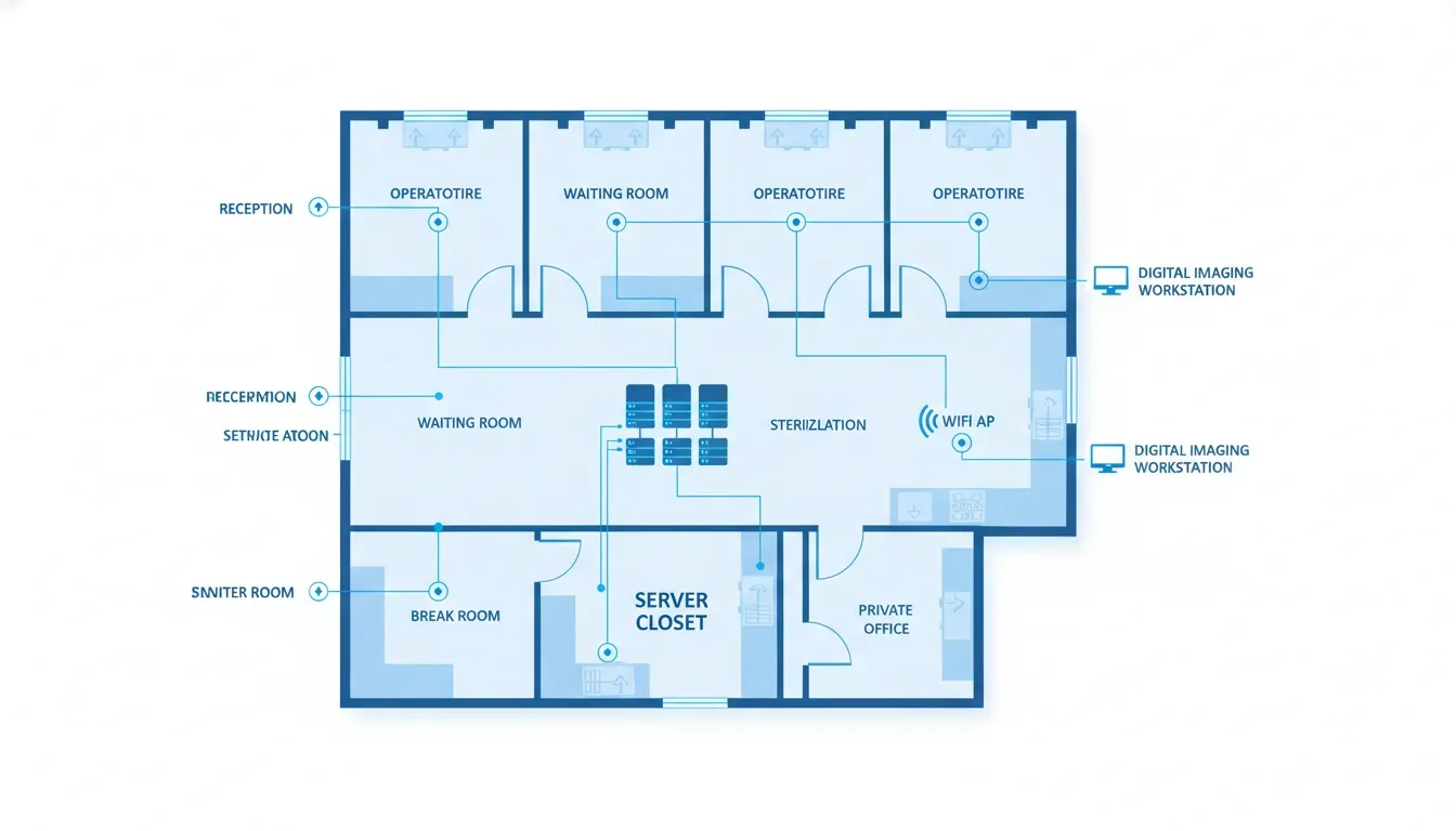 Dental office floor plan showing technology infrastructure layout with network drops, wireless access points, and server closet placement