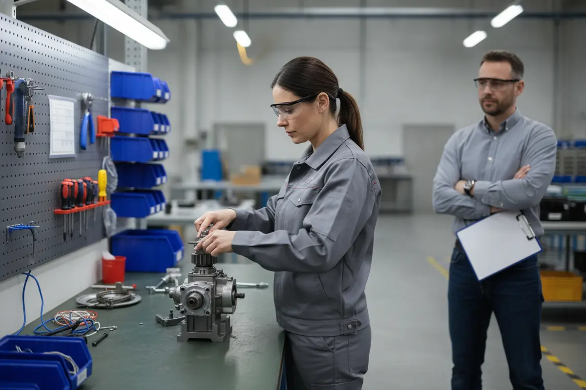Candidate completing a practical skills assessment at a light industrial workbench