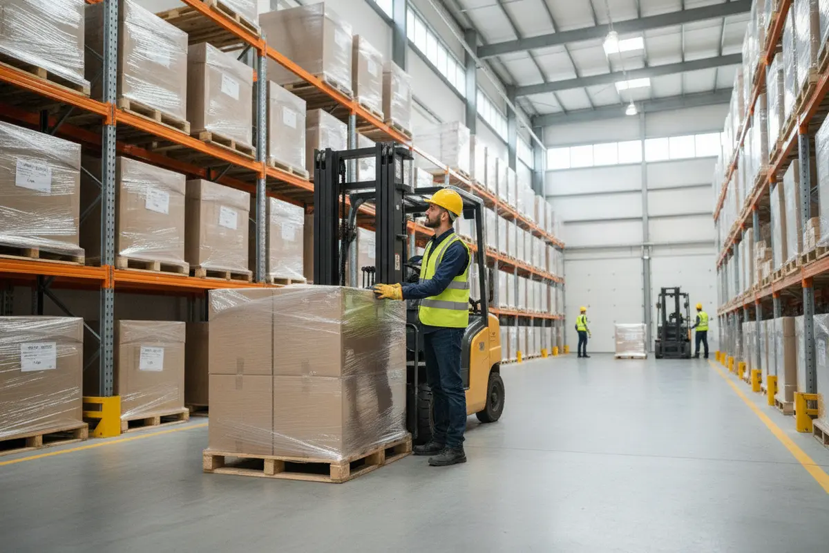 Forklift operator checking a pallet and warehouse aisle before moving a load