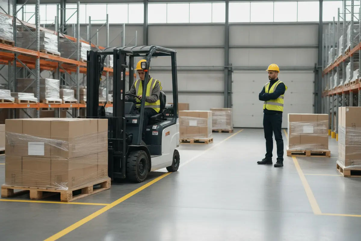Forklift trainee practicing a controlled turn in a warehouse with an instructor observing