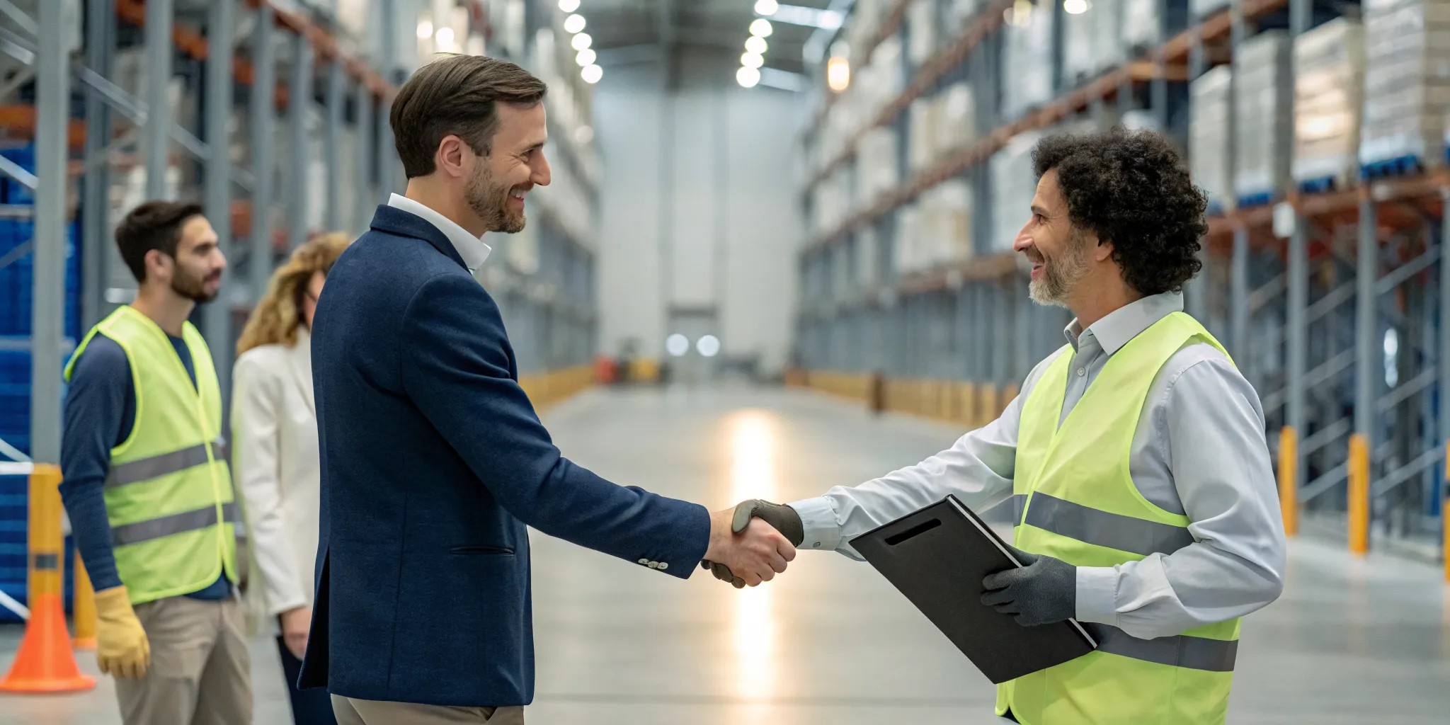Warehouse associates in a DeSoto logistics hub using handheld scanners to track inventory on high racks