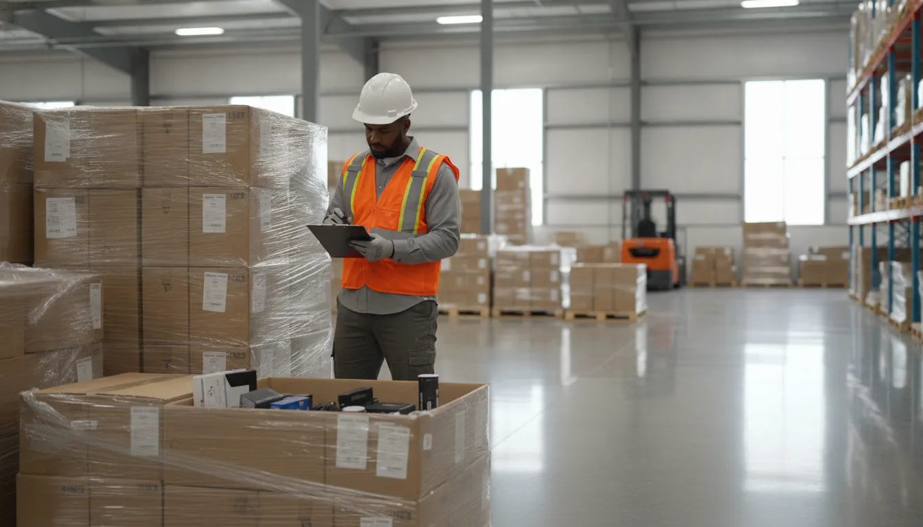 Light industrial warehouse worker wearing a high-visibility safety vest in a Waxahachie TX logistics facility