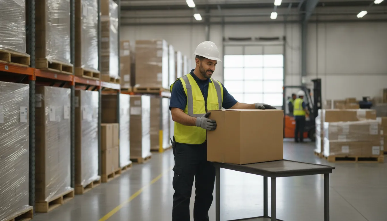 Warehouse team member organizing materials in an Oak Cliff distribution setting