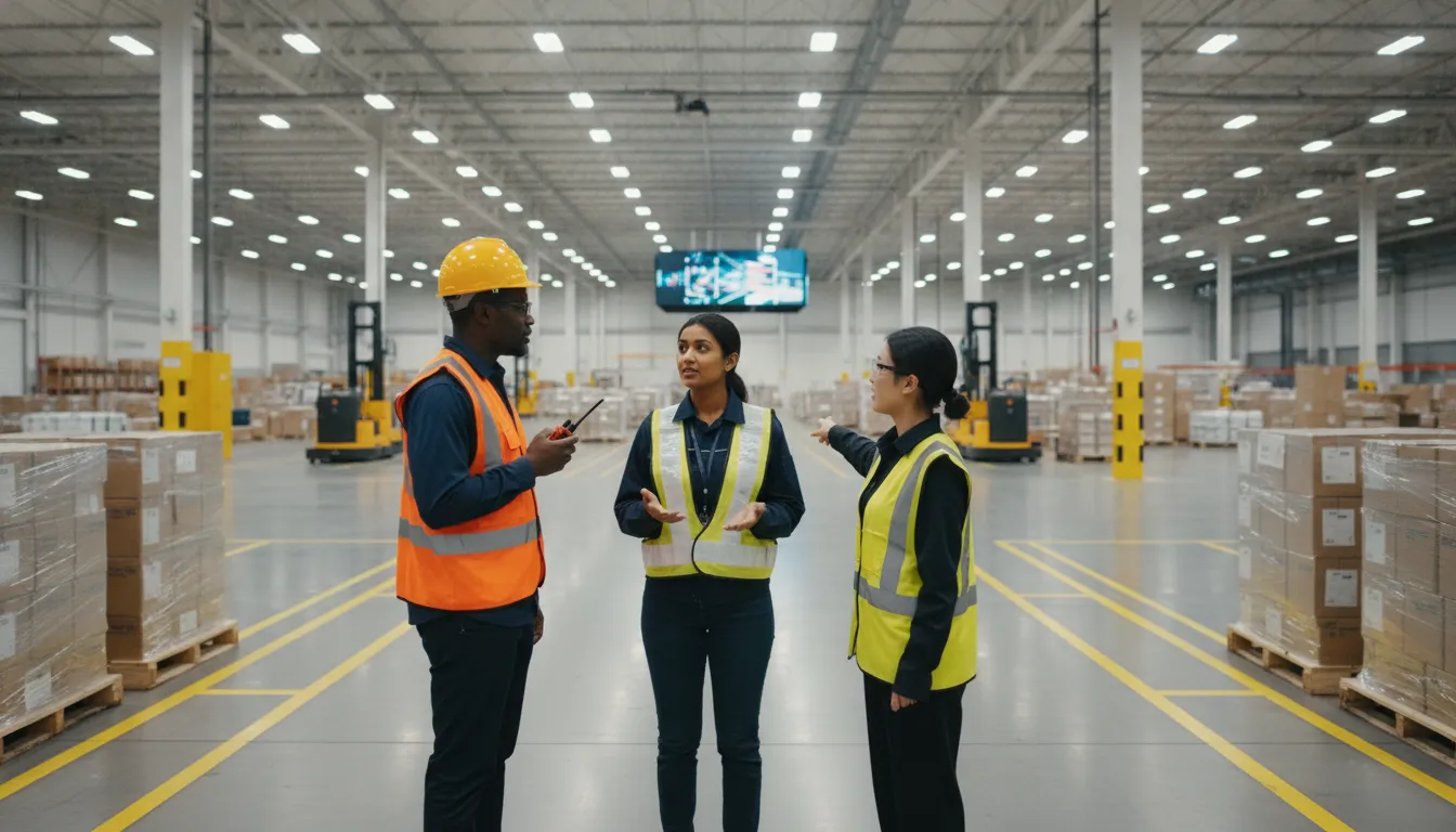 Warehouse supervisor coordinating safe shift coverage with workers in safety vests