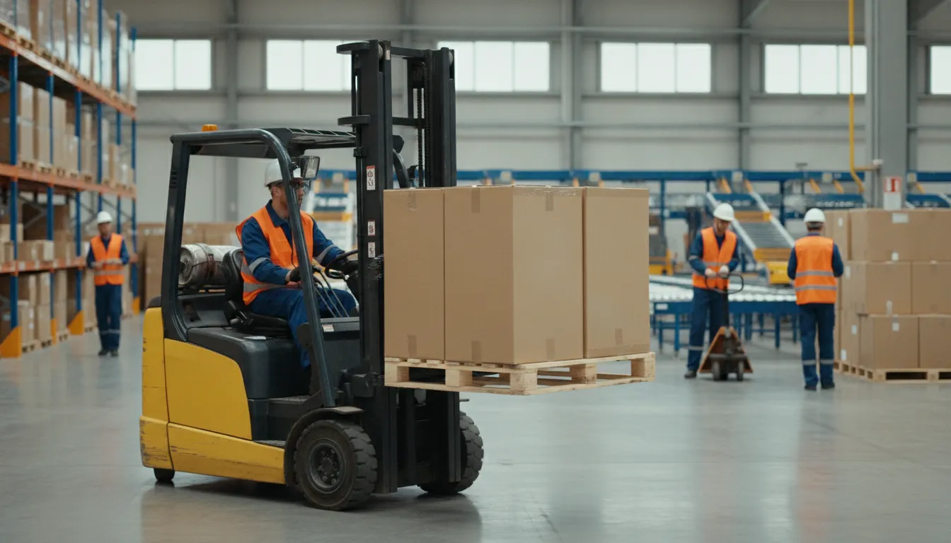 Forklift operator in a safety vest moving a pallet inside a modern Texas warehouse