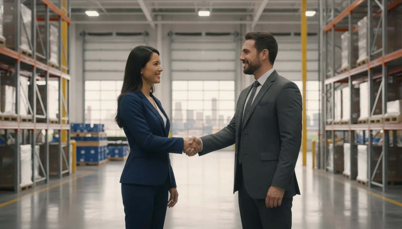 Dallas-Fort Worth manufacturer and staffing partner shaking hands inside a light industrial facility as a sign of partnership and trust