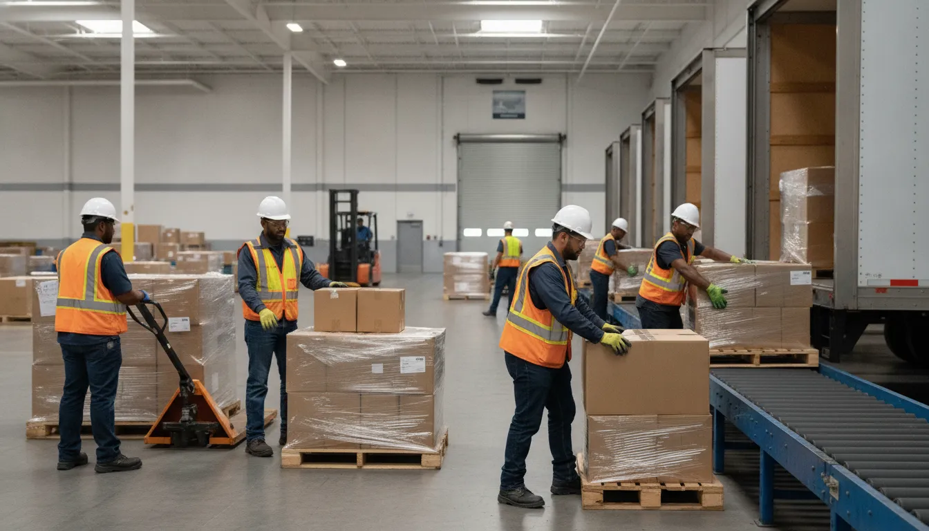 Warehouse team member preparing materials for shipment