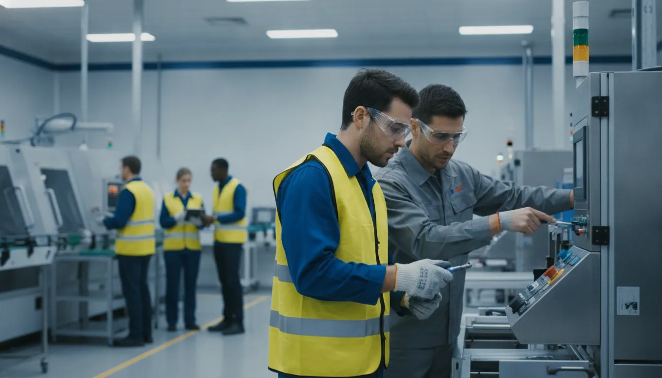 Manufacturing team members working together on a production floor