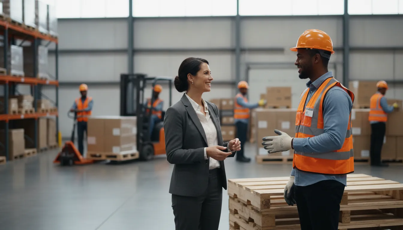 Staffing specialist speaking with a warehouse worker during onboarding