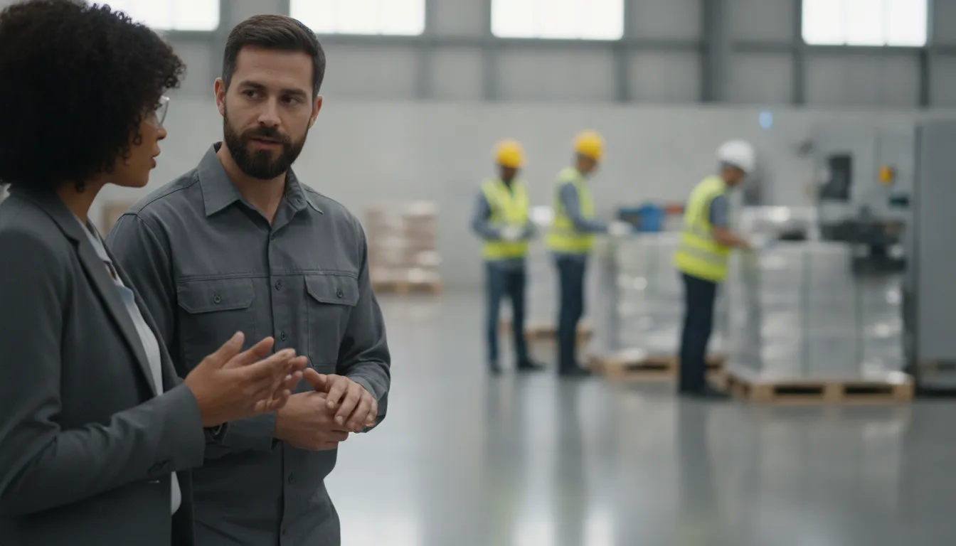 HR manager and warehouse supervisor discussing worker roles