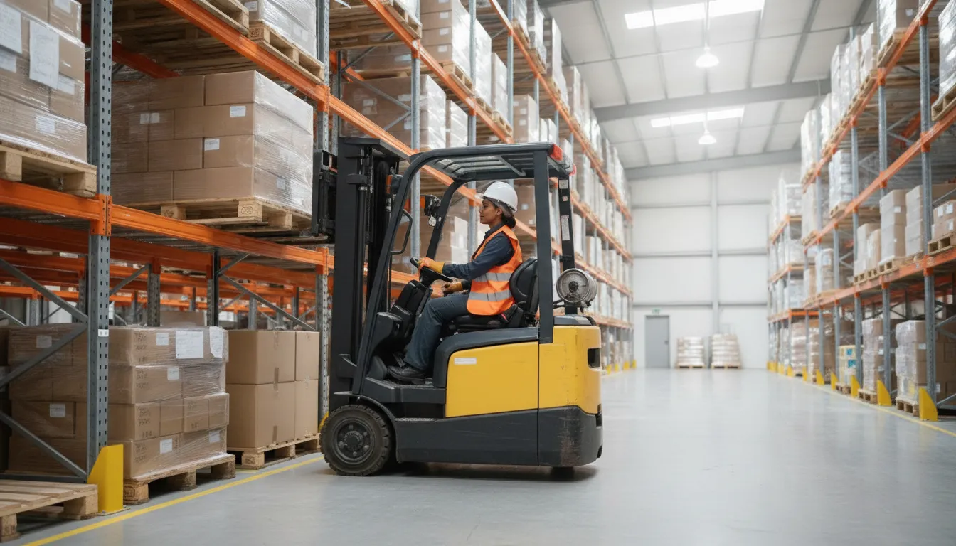 Forklift operator inspecting equipment before moving a warehouse load