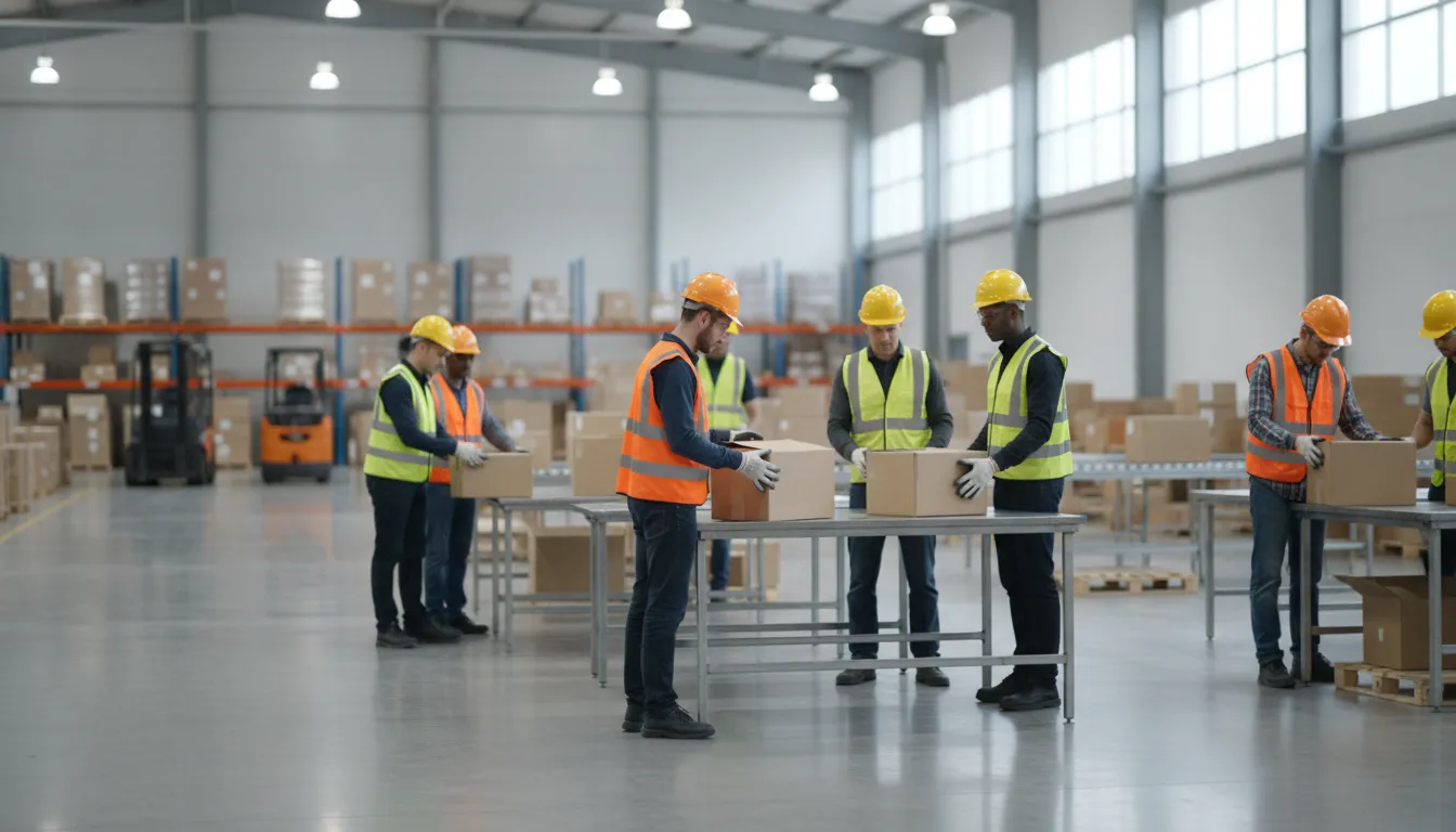 Light industrial workers sorting packages safely in a modern warehouse
