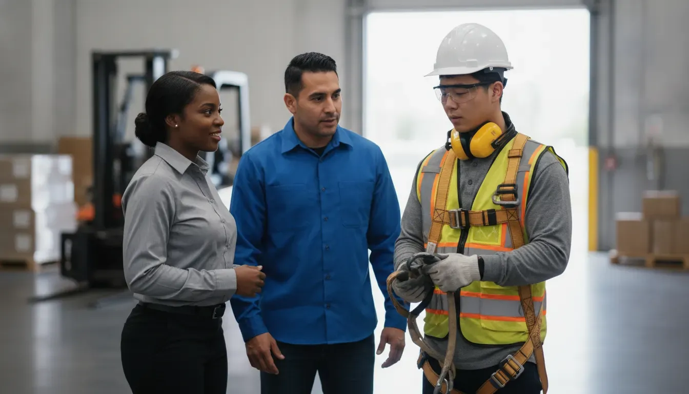 Staffing professionals reviewing safe skills and onboarding expectations with a warehouse worker