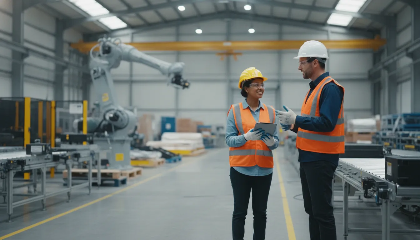 Staffing coordinator and worker reviewing safe work practices before a shift
