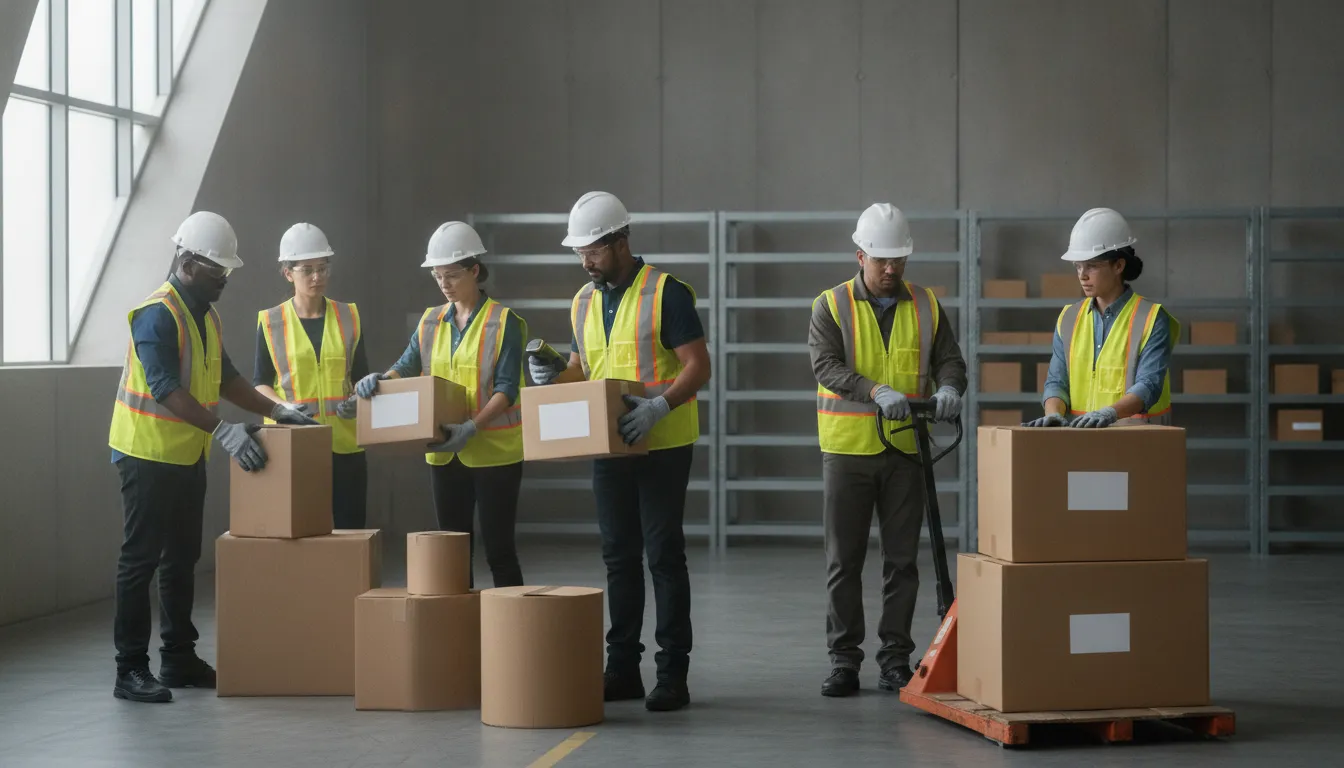 Warehouse team reviewing safe work expectations before a shift