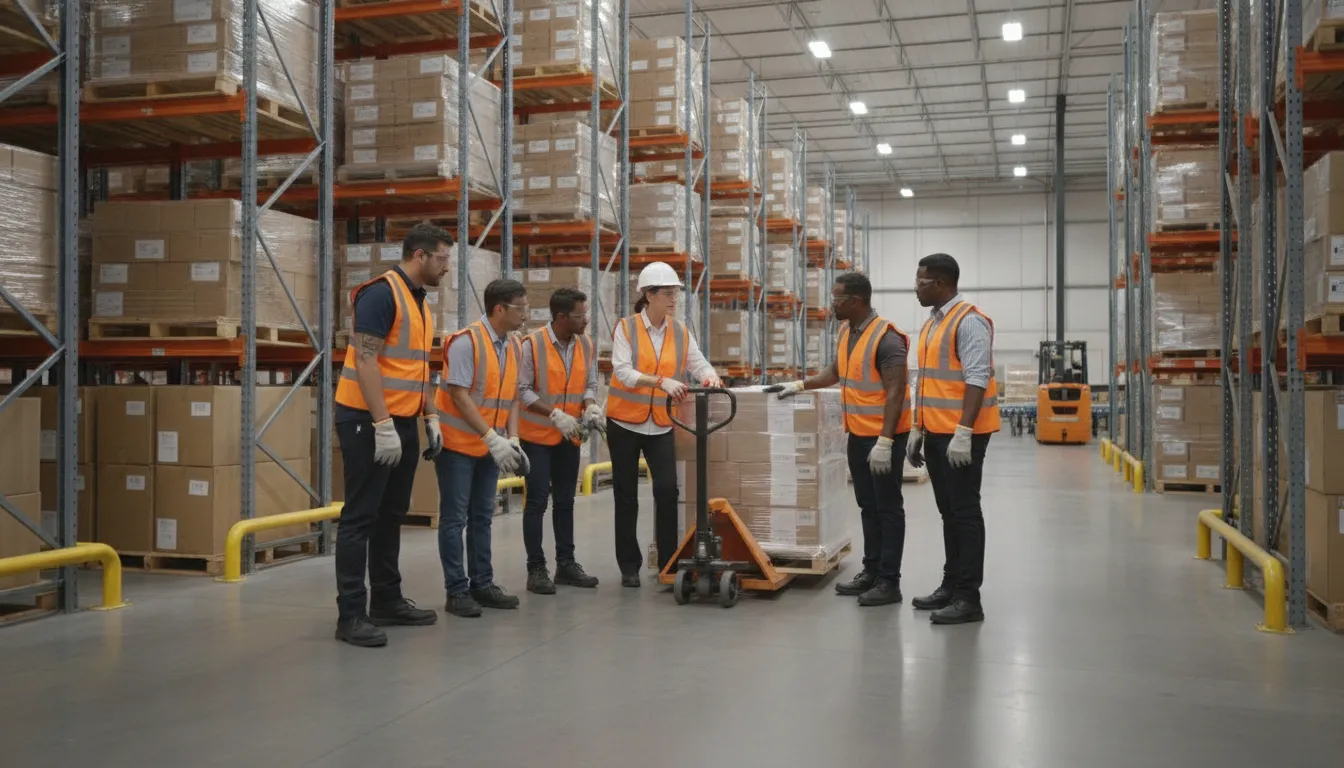 Warehouse supervisor providing hands-on safety training to a new employee