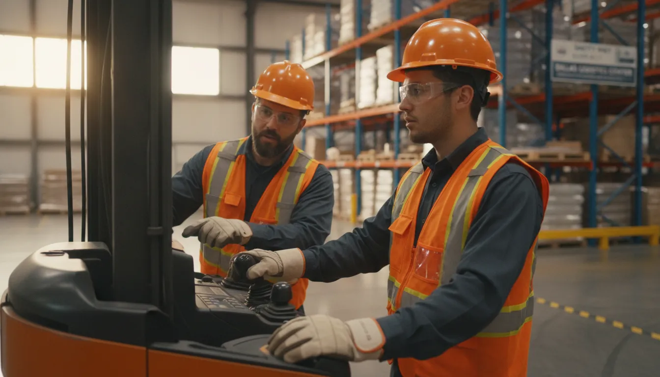 Warehouse worker being trained on equipment by a supervisor in a Dallas Texas industrial facility