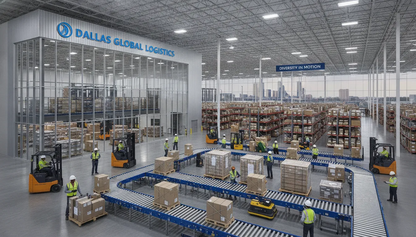 Workers operating forklifts and handling packages in a modern DFW warehouse distribution center