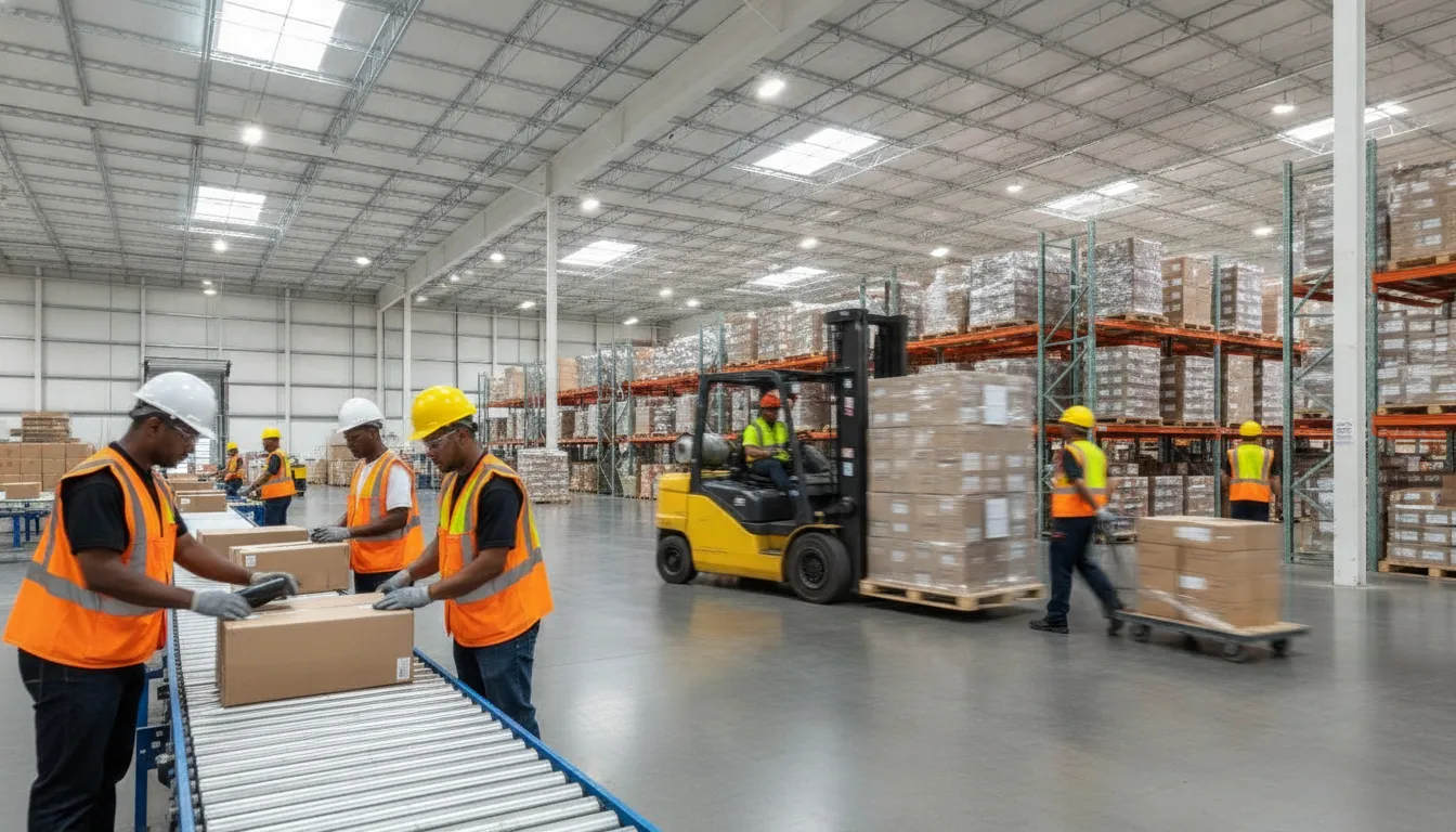 Warehouse workers in safety vests stocking shelves and moving materials in a Lancaster Texas distribution center