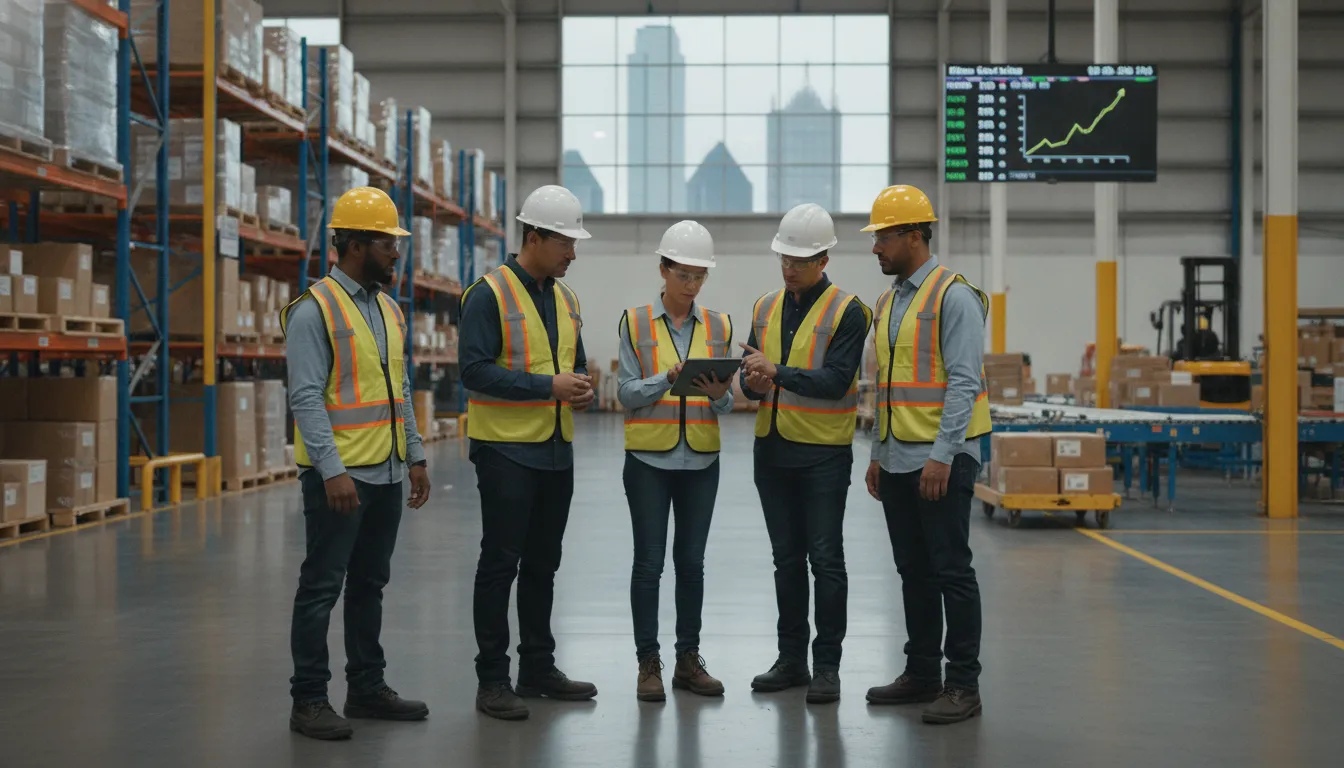 Warehouse supervisor reviewing worker performance on a busy Dallas factory floor with safety equipment