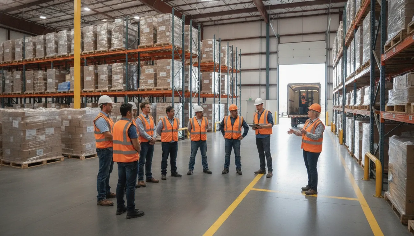 New warehouse worker receiving safety guidance in a DFW facility