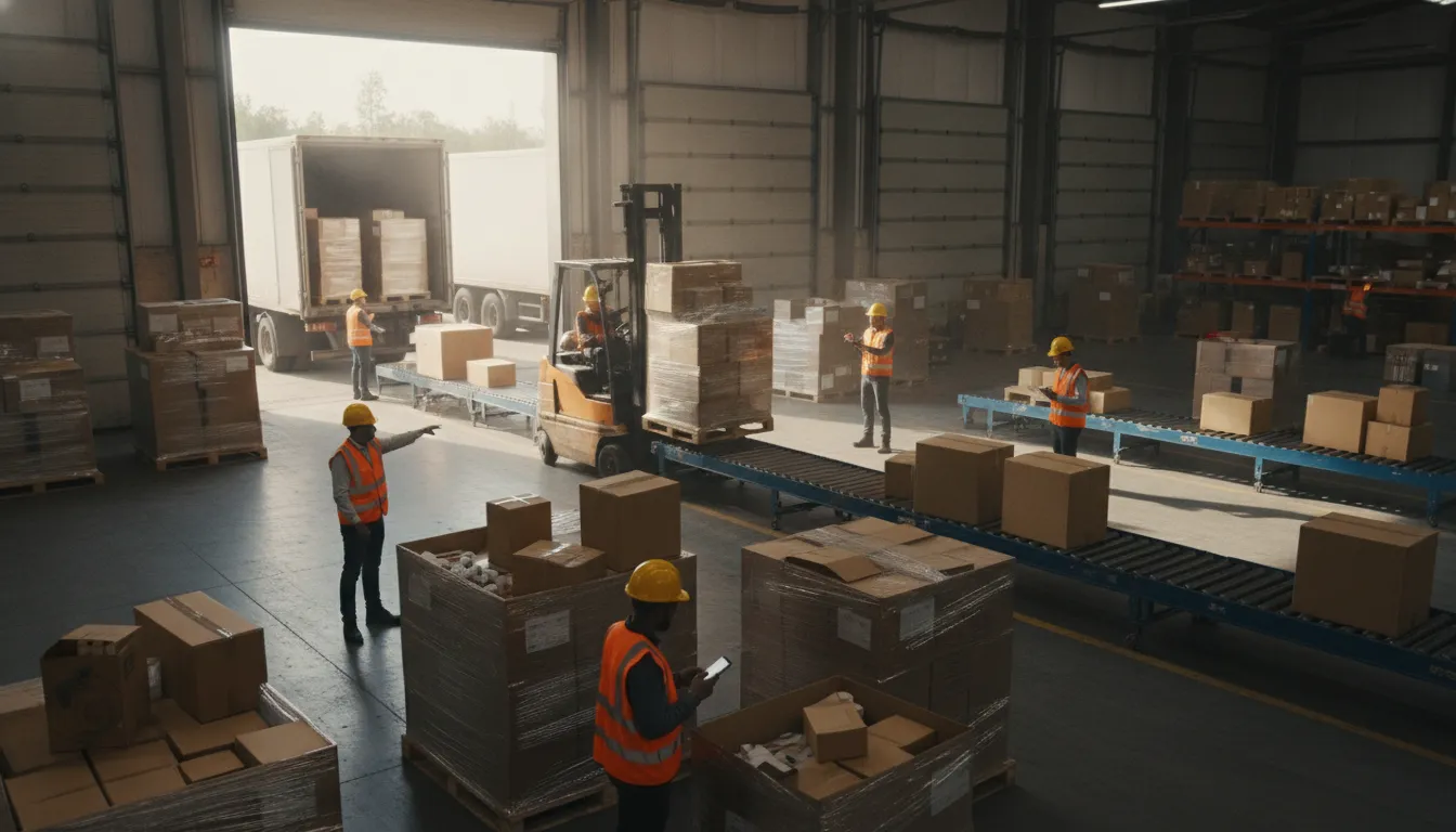 Warehouse workers in safety vests moving pallets during a seasonal shipping surge