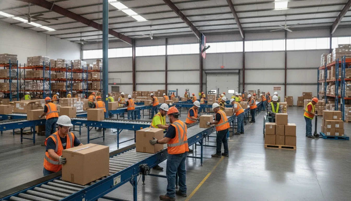 Workers moving boxes along a conveyor line in a Duncanville Texas warehouse