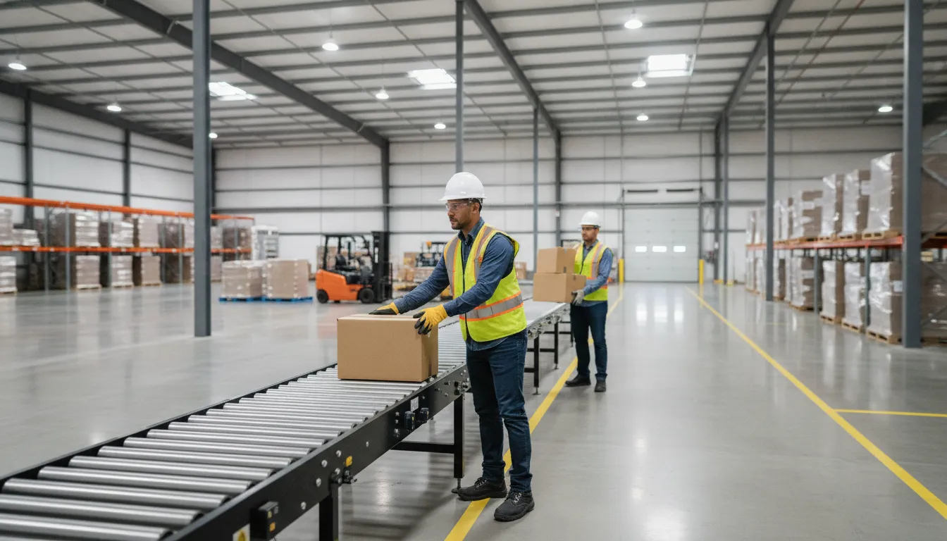 Warehouse worker loading a conveyor at a distribution center near Hutchins, TX