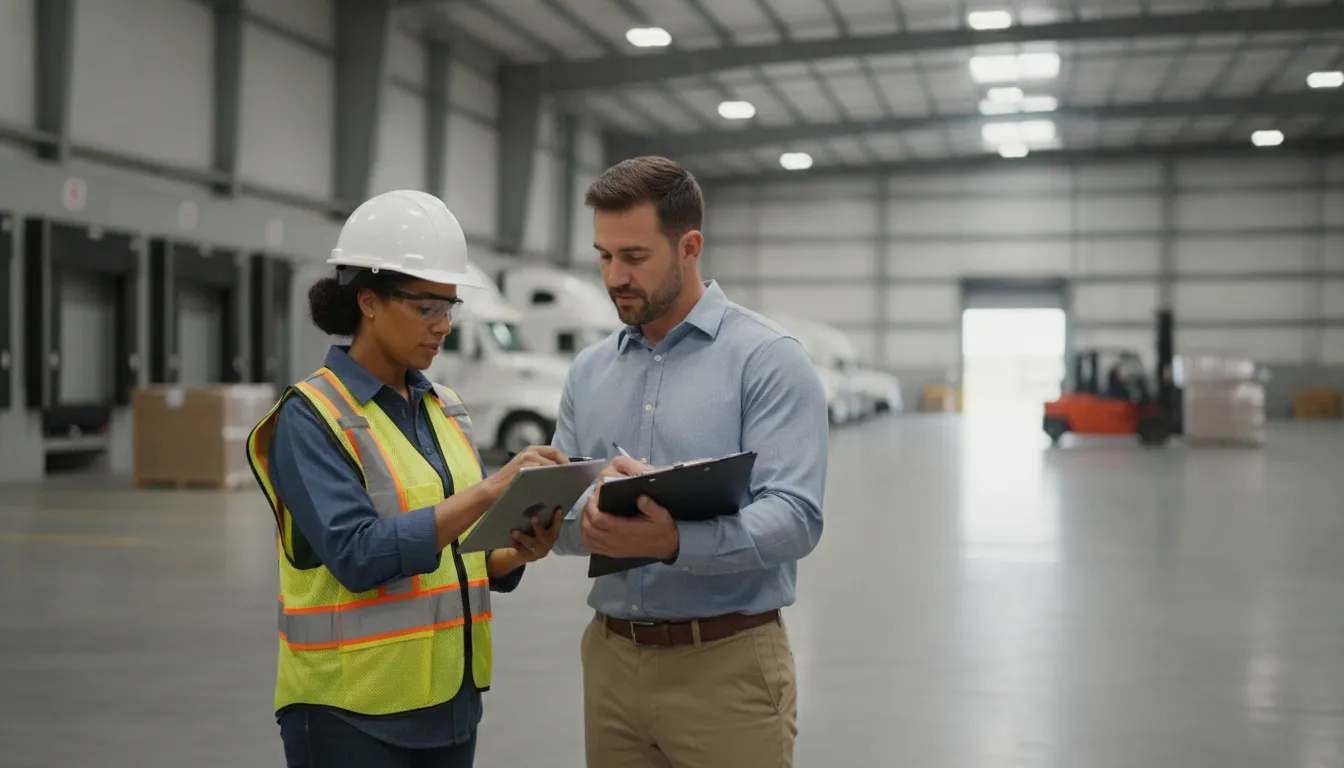 Warehouse supervisor reviewing a checklist with a staffing coordinator in a Duncanville distribution center
