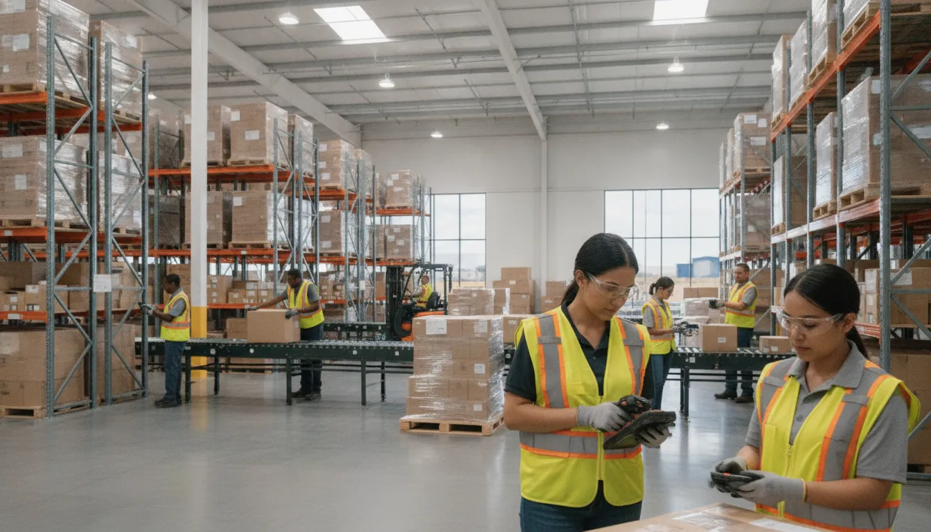 Warehouse worker checking inventory with a supervisor in a safe facility