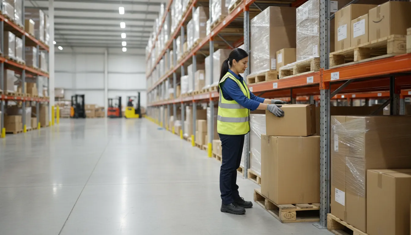 Warehouse team member organizing packages in a distribution facility