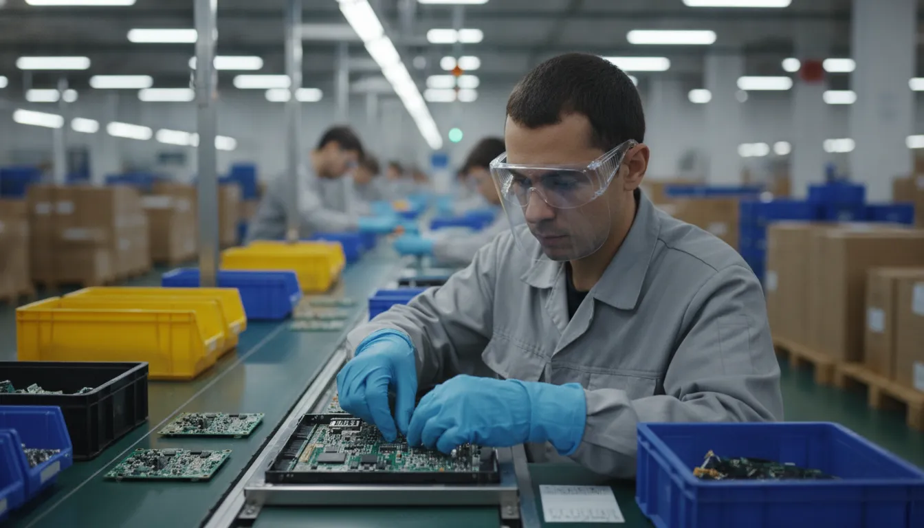 Manufacturing line worker assembling components during an inventory build cycle