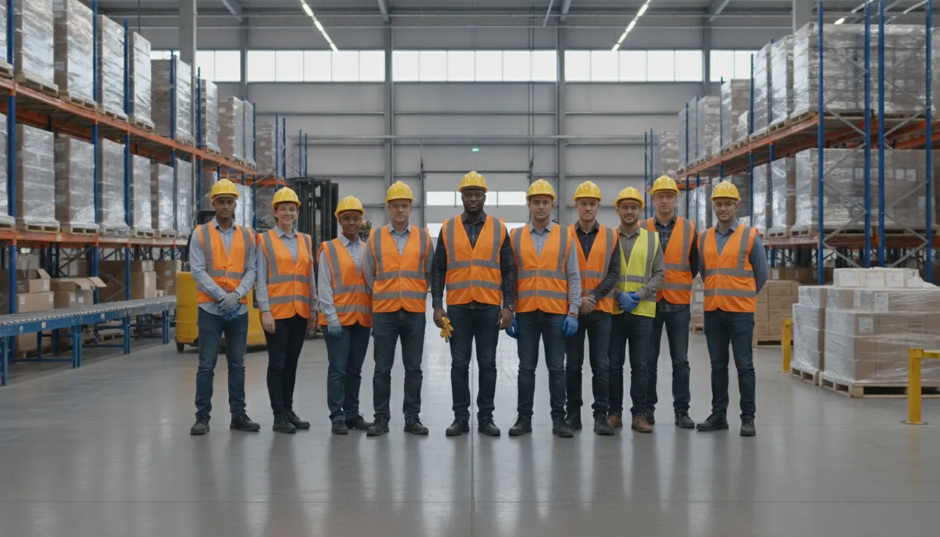 Diverse warehouse workers in safety vests preparing for a shift