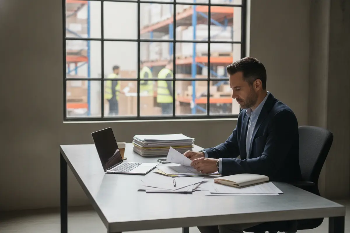 Manager organizing workforce paperwork at a warehouse office