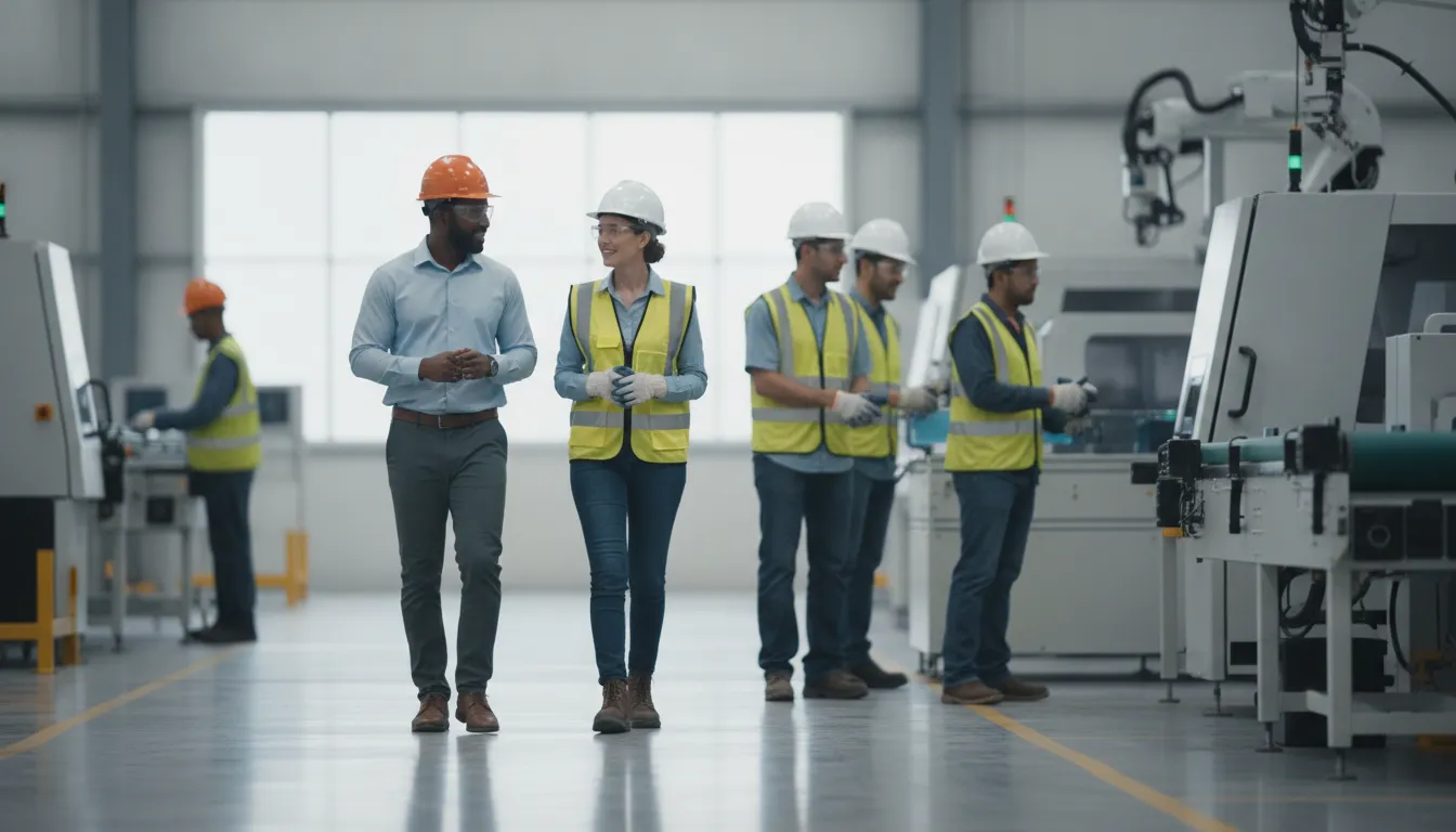 Staffing recruiter and plant safety leader reviewing safe work practices on a manufacturing floor