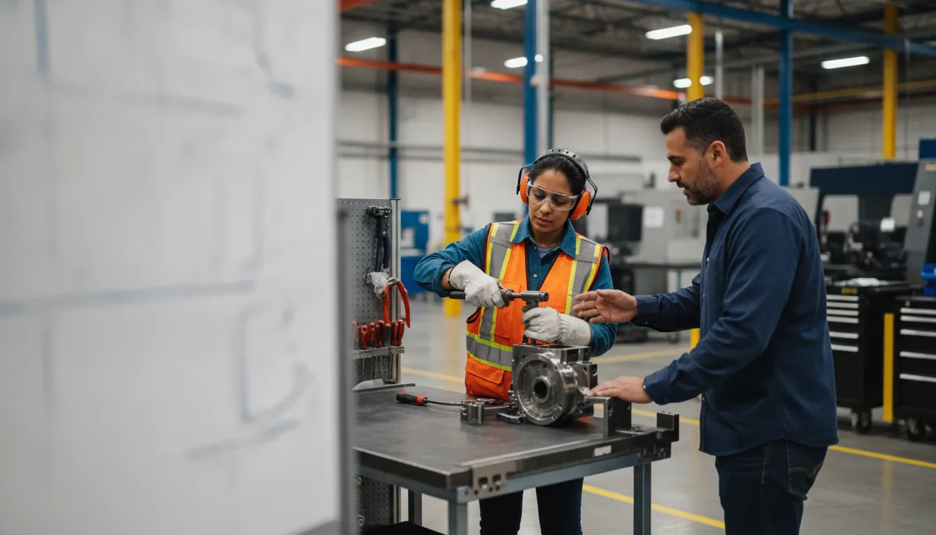 Manufacturing worker demonstrating safe equipment practices with a supervisor