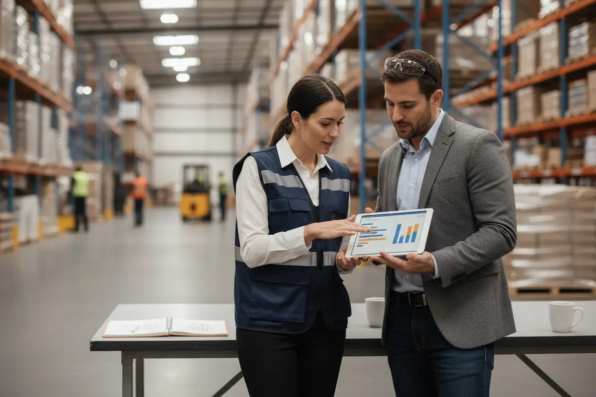 Operations manager and staffing partner reviewing seasonal coverage and communication actions at a warehouse