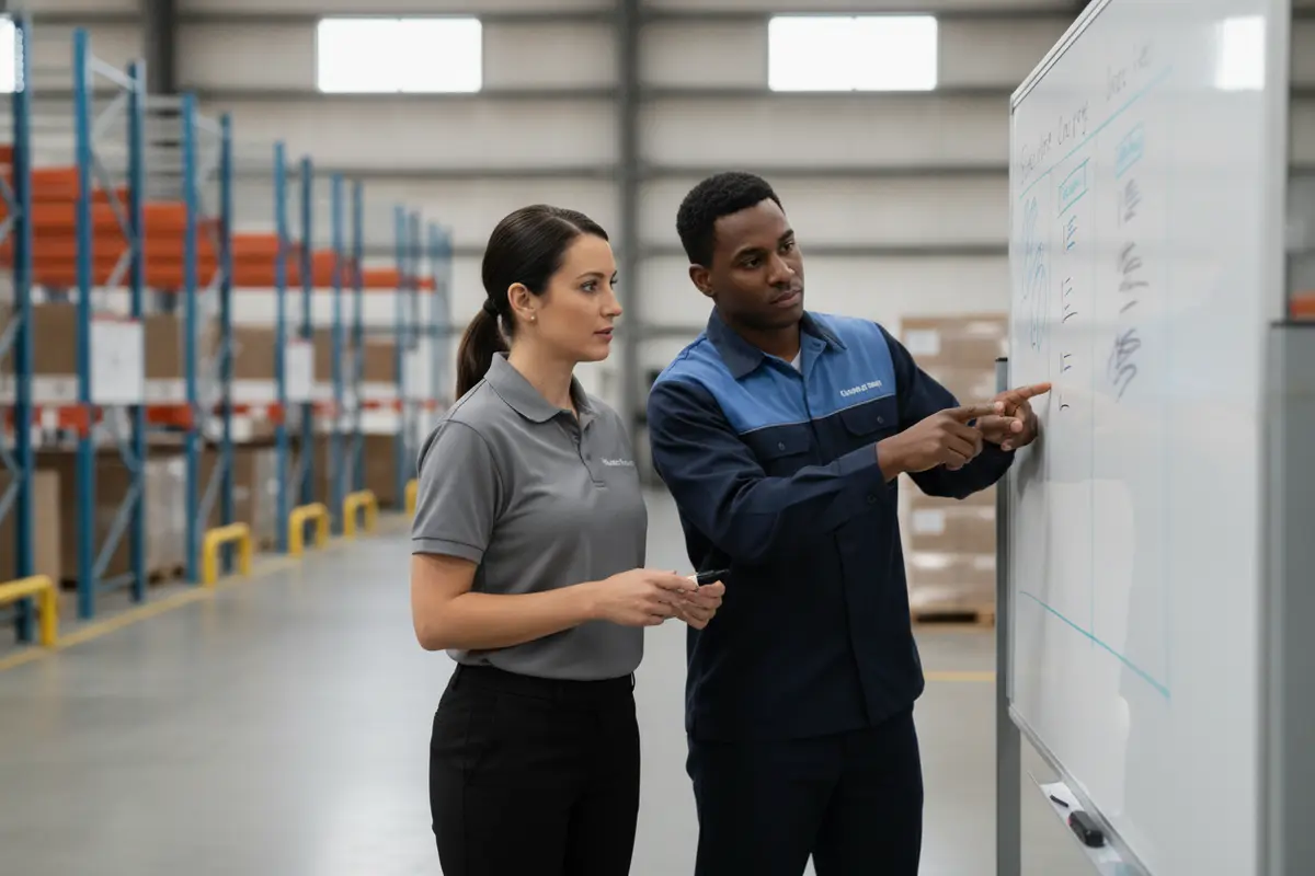 Operations manager reviewing distribution center job requirements and shift coverage on a planning board