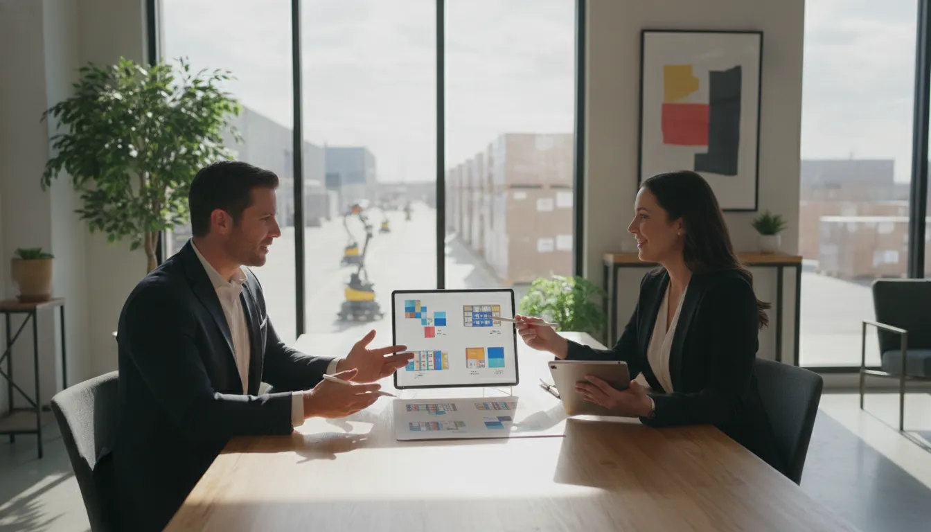 A business manager and staffing consultant discussing light industrial staffing in a DeSoto office