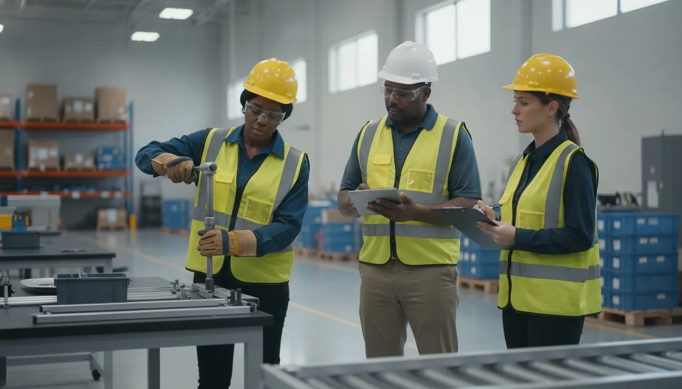Warehouse candidate completing a structured skills evaluation with safety gear visible