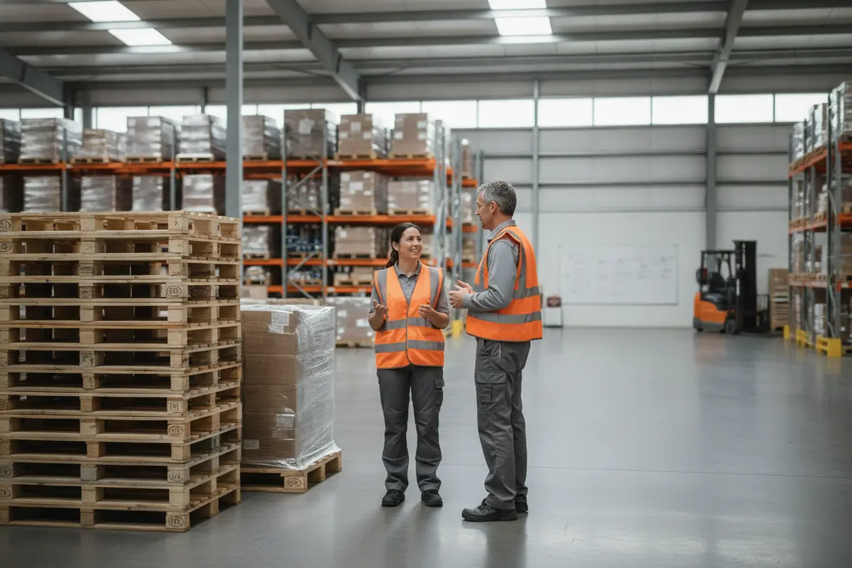 Warehouse associate and supervisor discussing shift duties before work begins