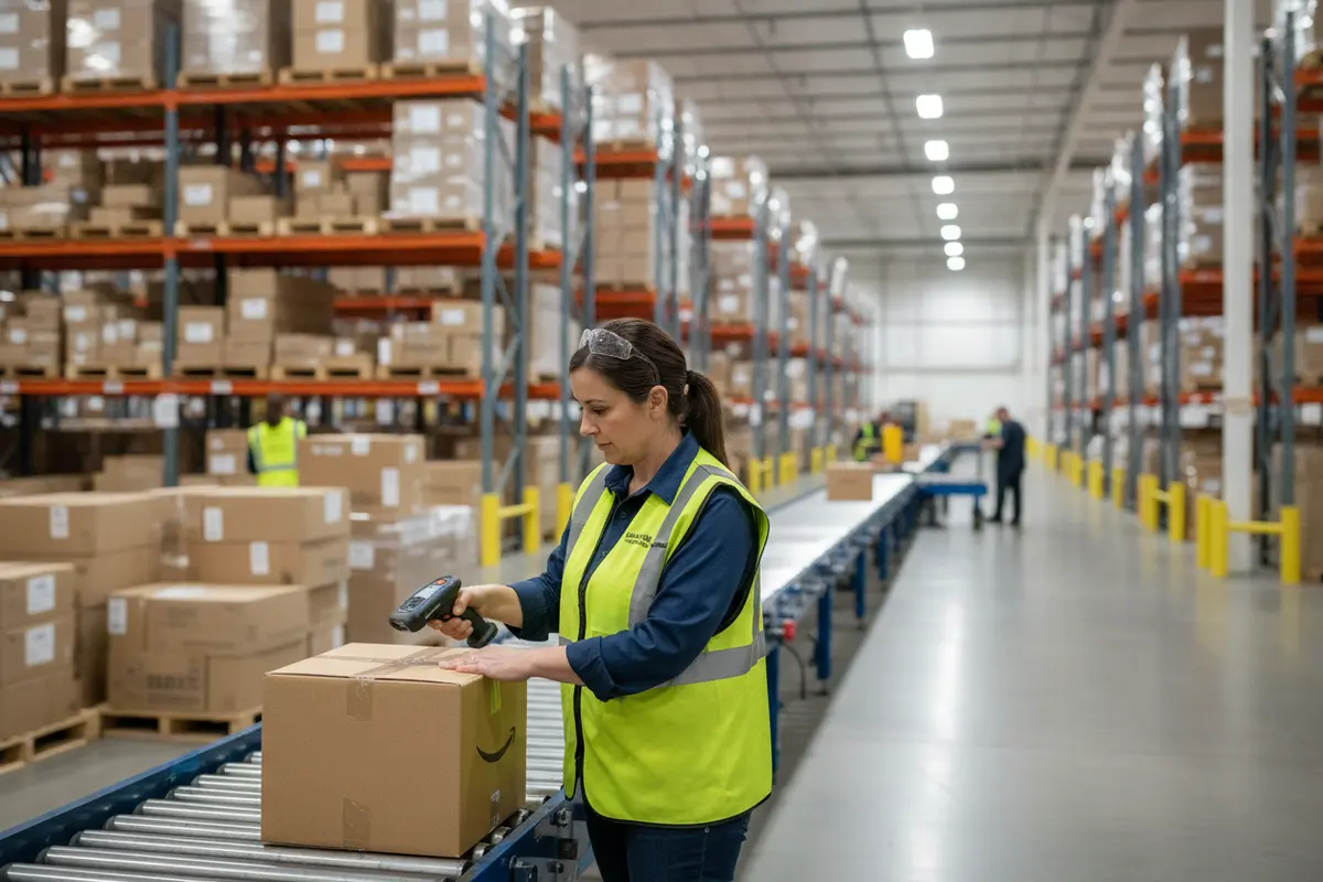 Warehouse associate scanning a package in a North Texas distribution facility