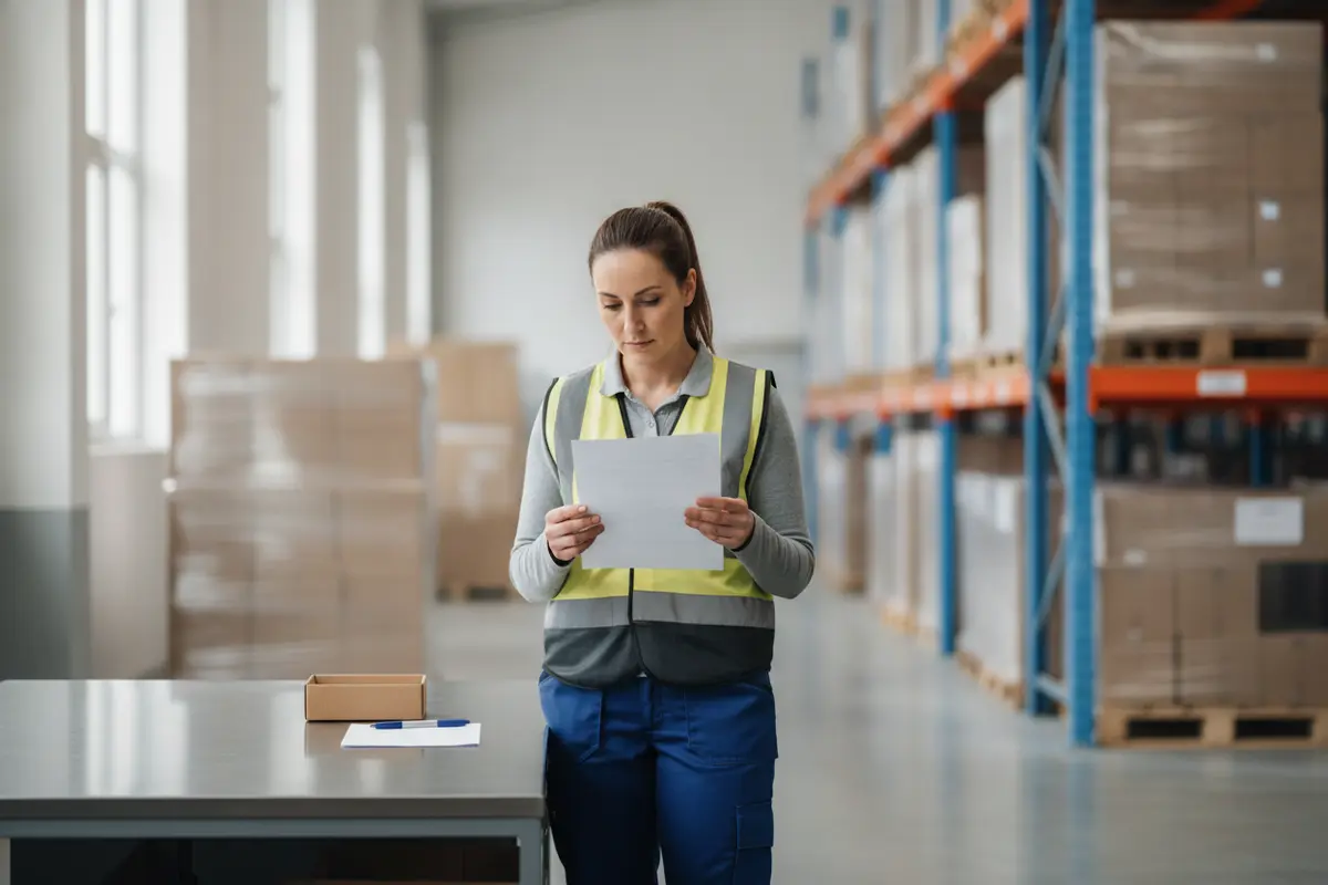 Warehouse employee reviewing a shift checklist before beginning work