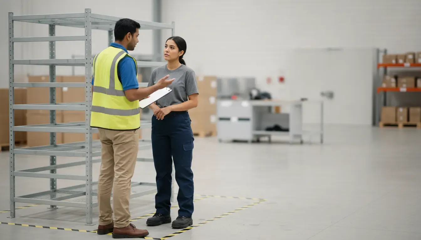 Hiring manager conducting a structured warehouse worker interview in a safe work area