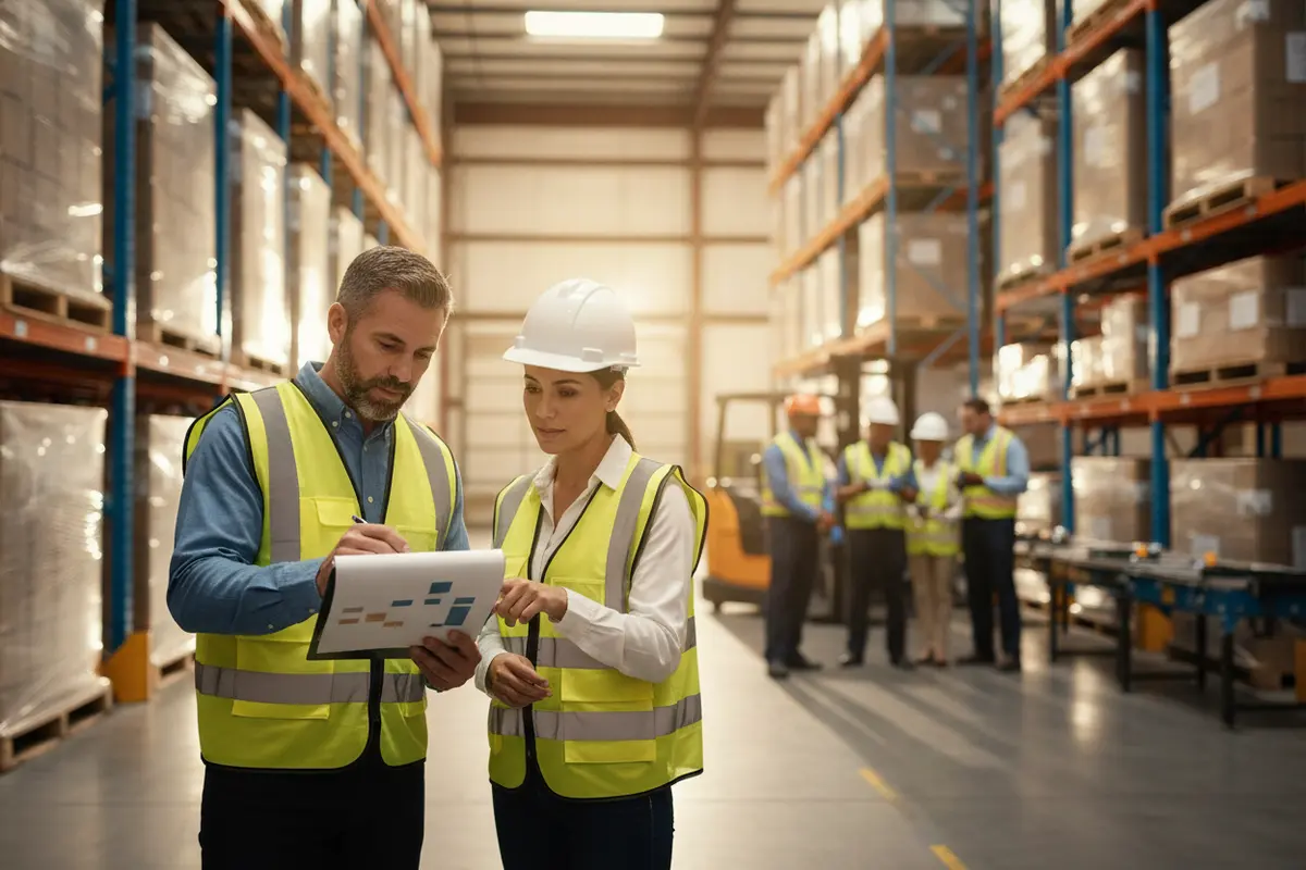 Warehouse manager and staffing coordinator reviewing a shift coverage plan