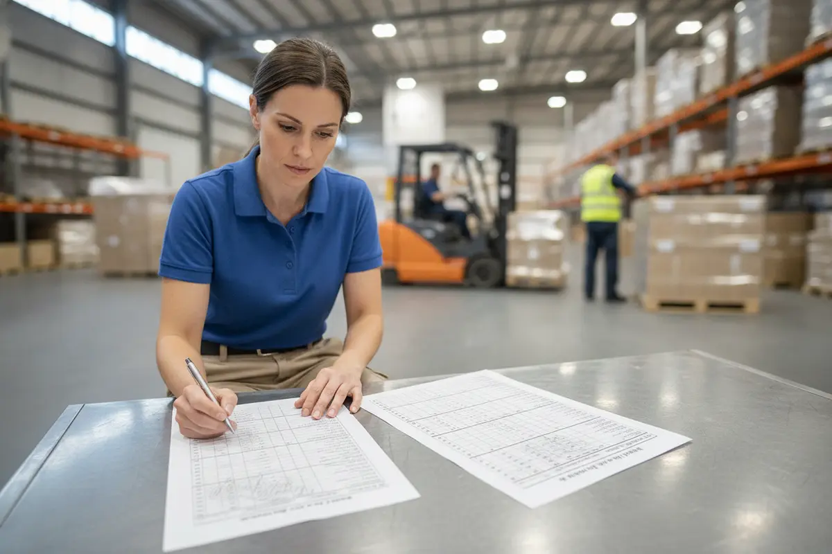 Warehouse manager reviewing a staffing checklist before defining a role